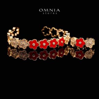Omnia Golden Cuff With Bracelet and Ring with Red Star Shaped In Rhodium Plated