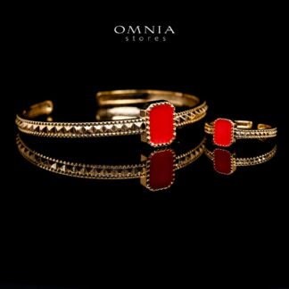 Omnia Golden Cuff With Bracelet and Ring with Red Square In Rhodium Plated