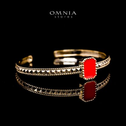 Omnia Golden Cuff With Bracelet and Ring with Red Square In Rhodium Plated - Image 2
