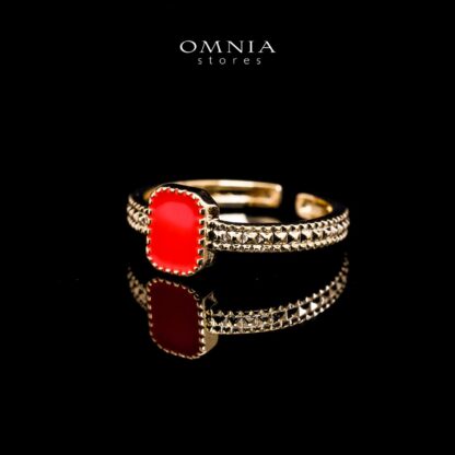 Omnia Golden Cuff With Bracelet and Ring with Red Square In Rhodium Plated - Image 3