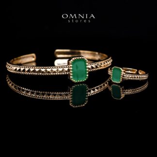 Omnia Golden Cuff With Bracelet and Ring with Green Square In Rhodium Plated