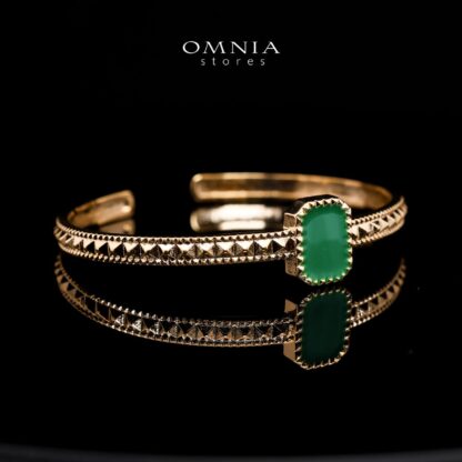 Omnia Golden Cuff With Bracelet and Ring with Green Square In Rhodium Plated - Image 2