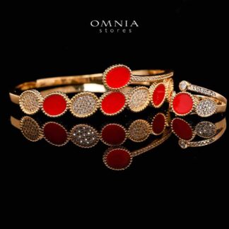 Omnia Golden Cuff With Bracelet and Ring with Red Design In Rhodium Plated