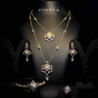 Omnia Safa Golden Multi Colored Bridal Long Chain Full Set in High Quality Zircon Stone Rhodium Plated