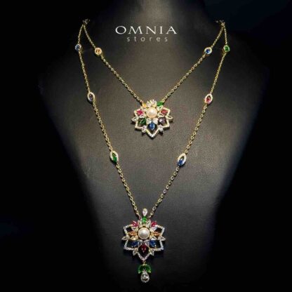 Omnia Safa Golden Multi Colored Bridal Long Chain Full Set in High Quality Zircon Stone Rhodium Plated - Image 2