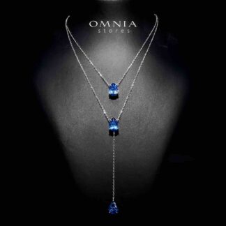 Omnia Scarlett Blue Teardrop Layered Necklace in 925 Silver with High-Quality Simulated Diamonds