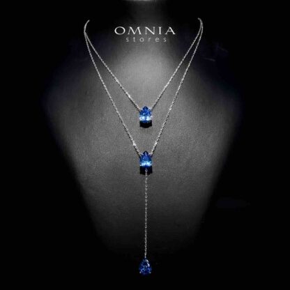 Omnia Scarlett Blue Teardrop Layered Necklace in 925 Silver with High-Quality Simulated Diamonds