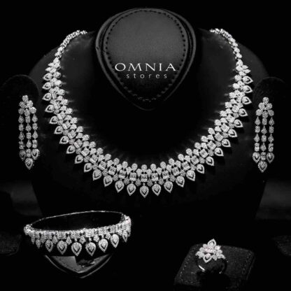 Omnia Layali White Bridal Full Set in High Quality Zircon Stone in Rhodium Plated