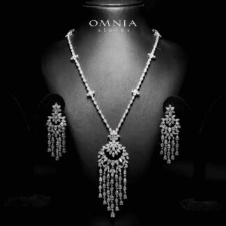 Omnia Abbir White Bridal Long chain Set Accessories High Quality Zircon Stone In Rhodium Plated