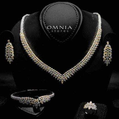 Omnia Hayady Golden Bridal Full Set in High Quality Zircon Stone in Rhodium Plated