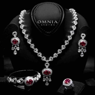 Omnia Hayah Red Bridal Full Set in High Quality Zircon Stone in Rhodium Plated