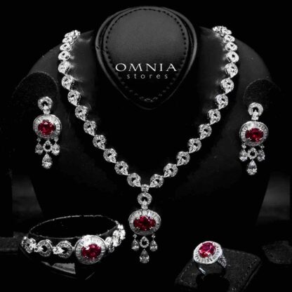 Omnia Hayah Red Bridal Full Set in High Quality Zircon Stone in Rhodium Plated