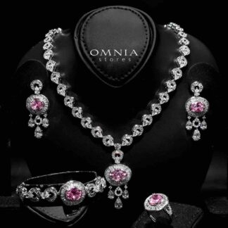 Omnia Hayah Pink Bridal Full Set in High Quality Zircon Stone in Rhodium Plated
