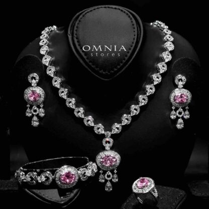 Omnia Hayah Pink Bridal Full Set in High Quality Zircon Stone in Rhodium Plated