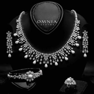 Omnia Zee White Bridal Full Set in High Quality Zircon Stone With Pearl in Rhodium Plated