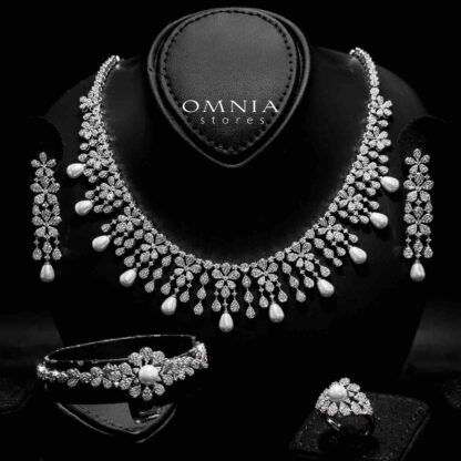 Omnia Zee White Bridal Full Set in High Quality Zircon Stone With Pearl in Rhodium Plated