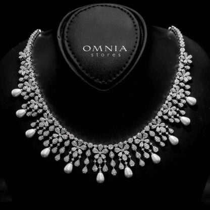Omnia Zee White Bridal Full Set in High Quality Zircon Stone With Pearl in Rhodium Plated - Image 2
