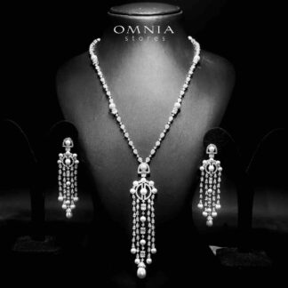 Omnia Afaf White Pearl Bridal Long chain Set Accessories High Quality Zircon Stone In Rhodium Plated