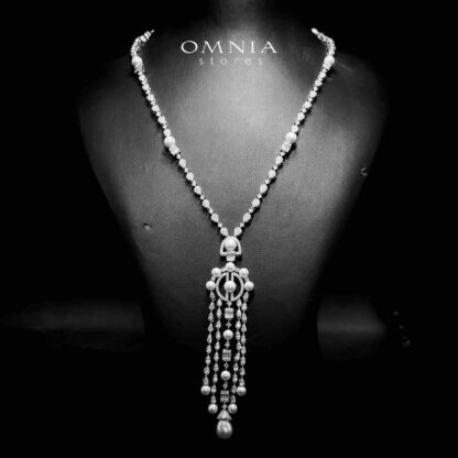 Omnia Afaf White Pearl Bridal Long chain Set Accessories High Quality Zircon Stone In Rhodium Plated - Image 2