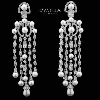 Omnia Afaf White Pearl Bridal Long chain Set Accessories High Quality Zircon Stone In Rhodium Plated - Image 3