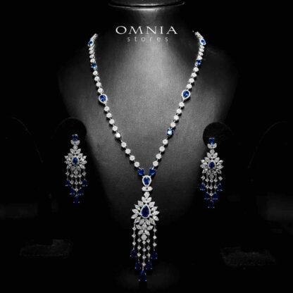 Azadeh Blue Bridal Long chain Set Accessories High Quality Zircon Stone In Rhodium Plated