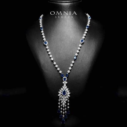 Azadeh Blue Bridal Long chain Set Accessories High Quality Zircon Stone In Rhodium Plated - Image 2