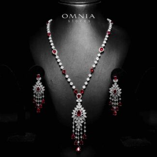 Azadeh Red Bridal Long chain Set Accessories High Quality Zircon Stone In Rhodium Plated