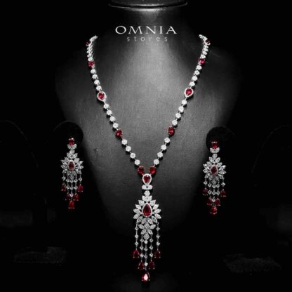 Azadeh Red Bridal Long chain Set Accessories High Quality Zircon Stone In Rhodium Plated