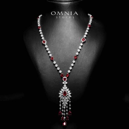 Azadeh Red Bridal Long chain Set Accessories High Quality Zircon Stone In Rhodium Plated - Image 2