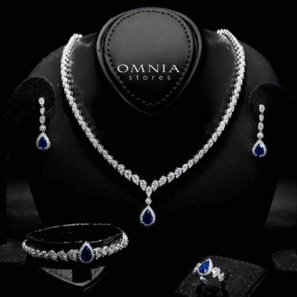 Omnia Aliya Blue Bridal Full Set in High Quality Zircon Stone in Rhodium Plated