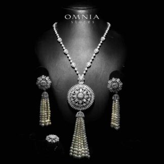 Omnia Darya White Long Chain Pearl Full Set in High Quality Zircon Stone in Rhodium Plated