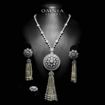 Omnia Darya White Long Chain Pearl Full Set in High Quality Zircon Stone in Rhodium Plated