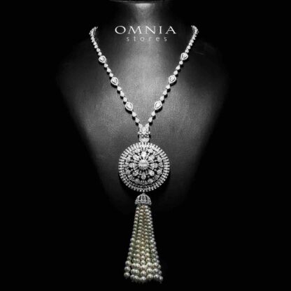 Omnia Darya White Long Chain Pearl Full Set in High Quality Zircon Stone in Rhodium Plated - Image 2