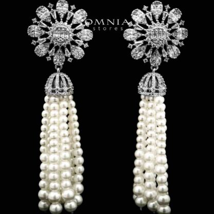 Omnia Darya White Long Chain Pearl Full Set in High Quality Zircon Stone in Rhodium Plated - Image 4