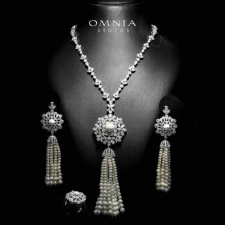 Omnia Delaram White Long Chain Pearl Full Set in High Quality Zircon Stone in Rhodium Plated