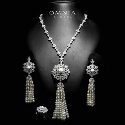Omnia Delaram White Long Chain Pearl Full Set in High Quality Zircon Stone in Rhodium Plated