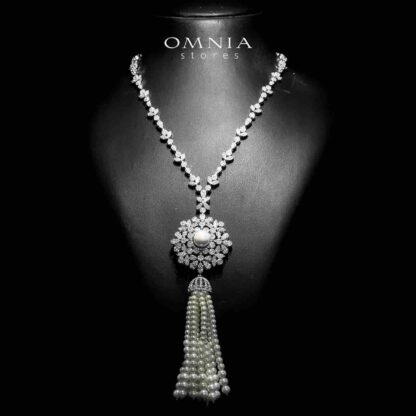 Omnia Delaram White Long Chain Pearl Full Set in High Quality Zircon Stone in Rhodium Plated - Image 2