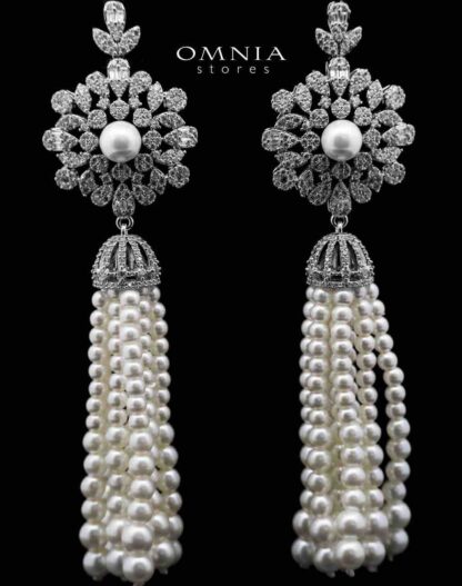 Omnia Delaram White Long Chain Pearl Full Set in High Quality Zircon Stone in Rhodium Plated - Image 4