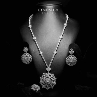 Omnia Delnaz White Long Chain Full Set in High Quality Zircon Stone in Rhodium Plated