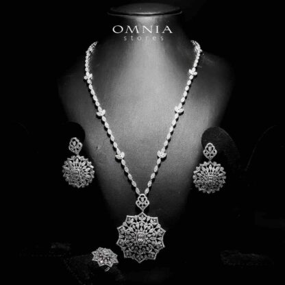 Omnia Delnaz White Long Chain Full Set in High Quality Zircon Stone in Rhodium Plated