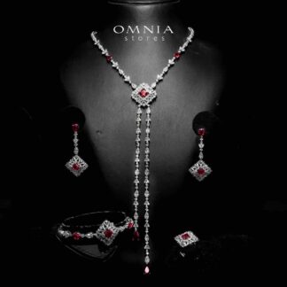 Omnia Donya Red Long Chain Full Set in High Quality Zircon Stone in Rhodium Plated