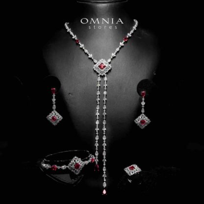 Omnia Donya Red Long Chain Full Set in High Quality Zircon Stone in Rhodium Plated