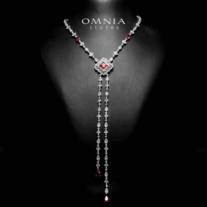 Omnia Donya Red Long Chain Full Set in High Quality Zircon Stone in Rhodium Plated - Image 2