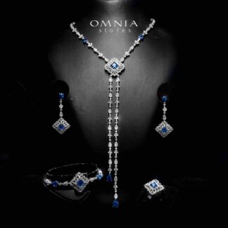 Omnia Donya Blue Long Chain Full Set in High Quality Zircon Stone in Rhodium Plated