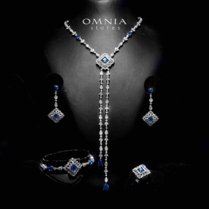 Omnia Donya Blue Long Chain Full Set in High Quality Zircon Stone in Rhodium Plated
