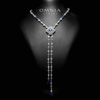 Omnia Donya Blue Long Chain Full Set in High Quality Zircon Stone in Rhodium Plated - Image 2