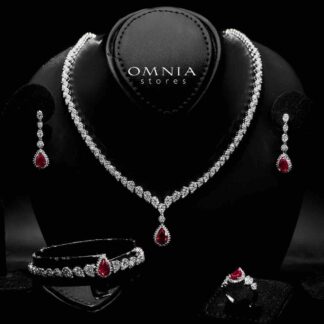 Omnia Aliya Red Bridal Full Set in High Quality Zircon Stone in Rhodium Plated