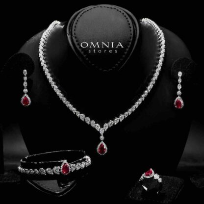 Omnia Aliya Red Bridal Full Set in High Quality Zircon Stone in Rhodium Plated