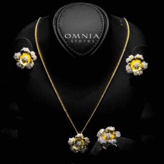 Omnia Elnaz Gold Plated Flower Design Necklace, Earrings & Ring Set in High Quality Zircon Stone in Rhodium Plated