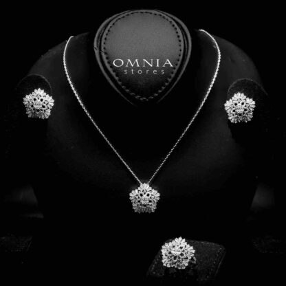 Omnia Farahnaz Silver Necklace, Earrings & Ring Set in High Quality Zircon Stone in Rhodium Plated